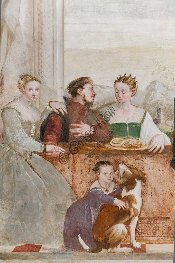 Caldogno, Villa Caldogno, salone:  "Il banchetto". Affresco di Giovanni Antonio Fasolo, ca. 1570. Particolare.