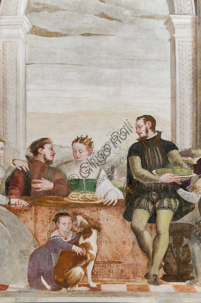 Caldogno, Villa Caldogno, salone:  "Il banchetto". Affresco di Giovanni Antonio Fasolo, ca. 1570. Particolare.