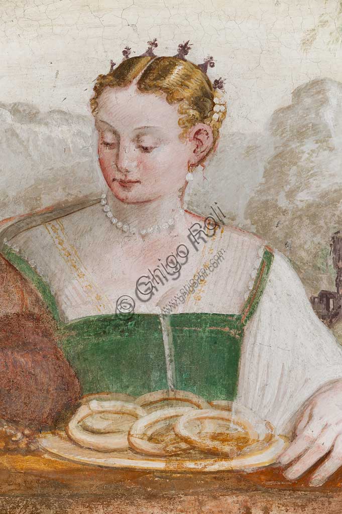 Caldogno, Villa Caldogno, salone:  "Il banchetto". Affresco di Giovanni Antonio Fasolo, ca. 1570. Particolare con dama di corte.