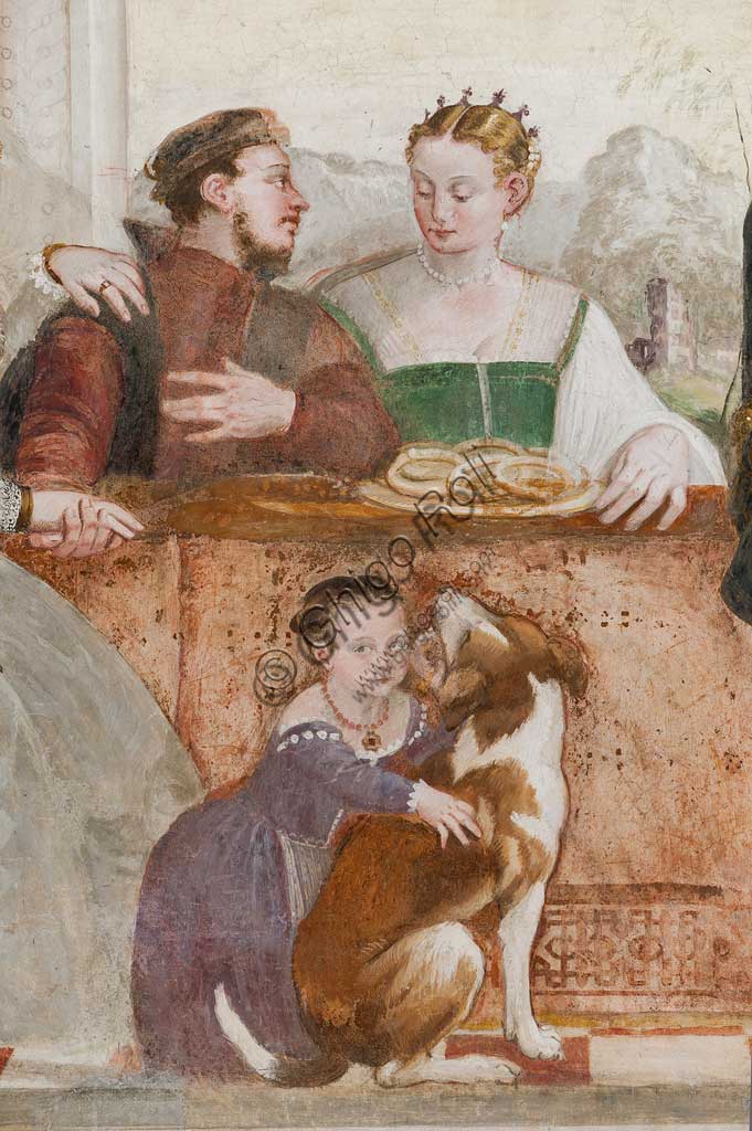 Caldogno, Villa Caldogno, salone:  "Il banchetto". Affresco di Giovanni Antonio Fasolo, ca. 1570. Particolare.