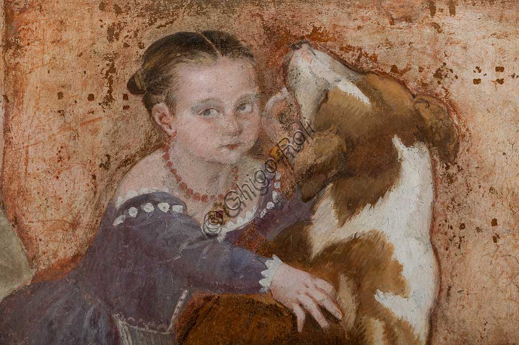 Caldogno, Villa Caldogno, salone:  "Il banchetto". Affresco di Giovanni Antonio Fasolo, ca. 1570. Particolare con bambina e cane.