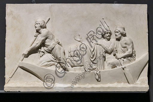  ""The entry of Alexander the Great into Babylon", a frieze executed between 1818 and 1828 by Bertel Thorvaldsen (1770 - 1844) in Carrara marble.  It is conceived as the meeting between two processions that converge towards the center, that is, towards the figure of Alexander the Great who advances on the chariot led by Victory, followed by his famous steed Bucefalo and his soldiers loaded with booty. In front of the leader, the allegorical figure of Peace, recognizable by the olive branch, precedes the people and the rulers of Babylon, who offer their gifts (horses, lions, panthers ...) to the winner, while dancers scatter flowers in his honor.Detail with men and a boat.