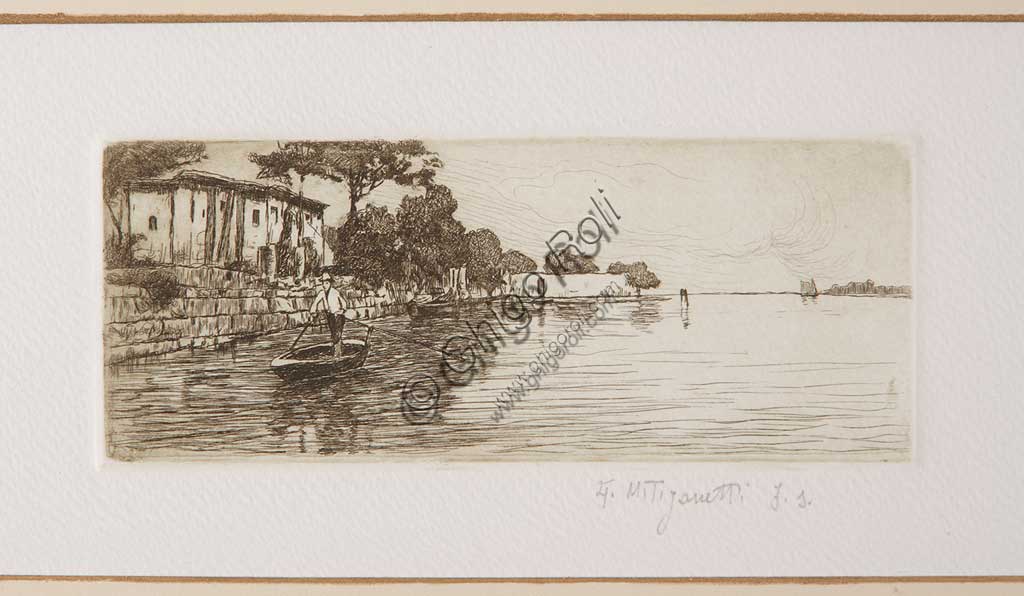 Assicoop - Unipol Collection: "The Boatman", etching  on white paper, by Giuseppe Miti Zanetti (1859 - 1929).