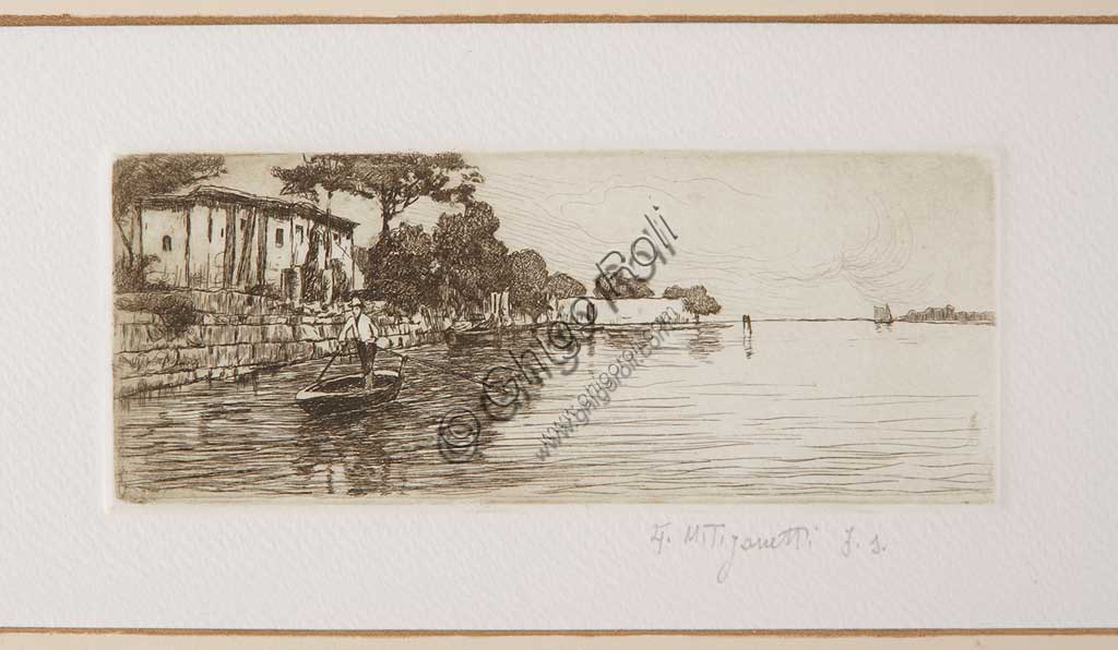 Collezione Assicoop - Unipol: "Il barcaiolo", acquaforte su carta bianca, di Giuseppe Miti Zanetti (1859 - 1929).