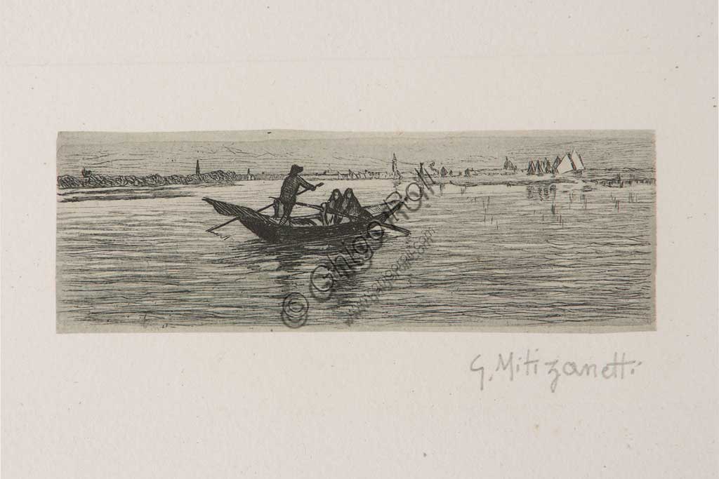 Collezione Assicoop - Unipol: "Il barcaiolo", acquaforte su carta bianca, di Giuseppe Miti Zanetti (1859 - 1929).