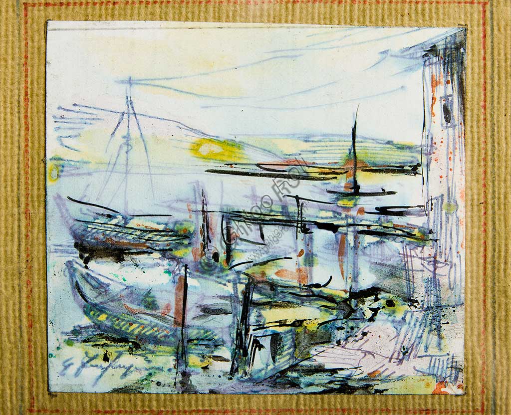 Assicoop - Unipol Collection:  Ghigo Zanfrognini (1913 - 1995), "Boats". Watercolour and Indian ink drawing, cm 8x 9.