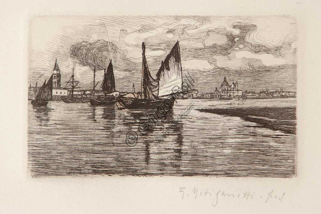 Assicoop - Unipol Collection: "Boats in the Lagoon", etching  on white paper, by Giuseppe Miti Zanetti (1859 - 1929).