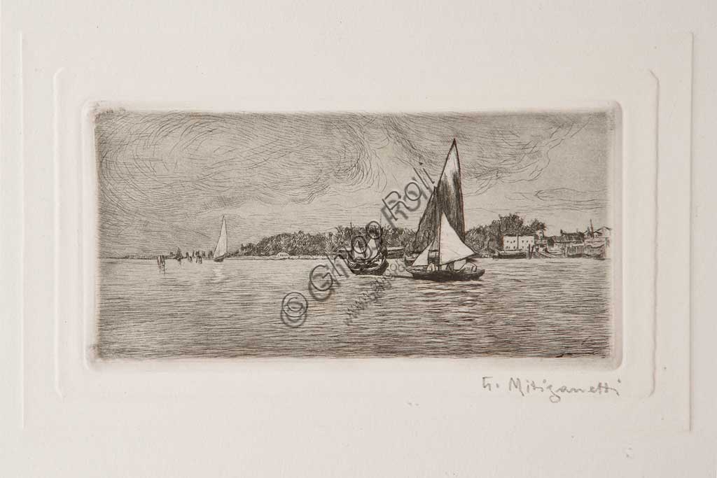 Collezione Assicoop - Unipol: "Barche in Laguna", acquaforte su carta bianca, di Giuseppe Miti Zanetti (1859 - 1929).