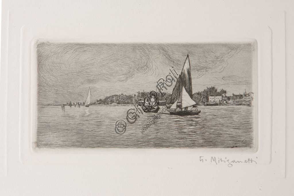 Assicoop - Unipol Collection: "Boats in the Lagoon", etching  on white paper, by Giuseppe Miti Zanetti (1859 - 1929).