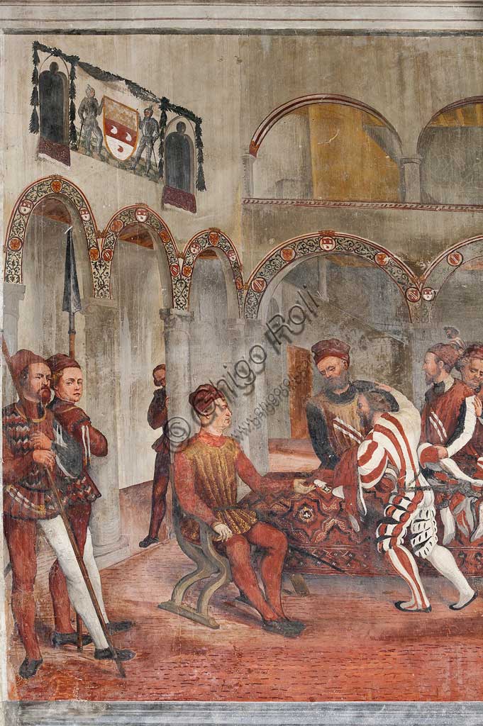 Cavernago, Malpaga Castle or Colleoni Castle, Hall of Honour: cycle of frescoes depicting the visit of Christian I of Denmark to Bartolomeo Colleoni, by Marcello Fogolino, (some historians attribute these frescoes to Romanino), 1474. Detail with Bartolomeo Colleoni sitting.