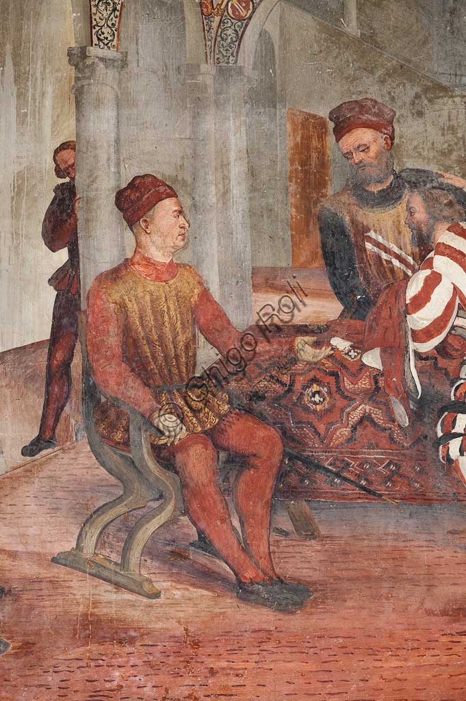 Cavernago, Malpaga Castle or Colleoni Castle, Hall of Honour: cycle of frescoes depicting the visit of Christian I of Denmark to Bartolomeo Colleoni, by Marcello Fogolino, (some historians attribute these frescoes to Romanino), 1474. Detail with Bartolomeo Colleoni sitting.