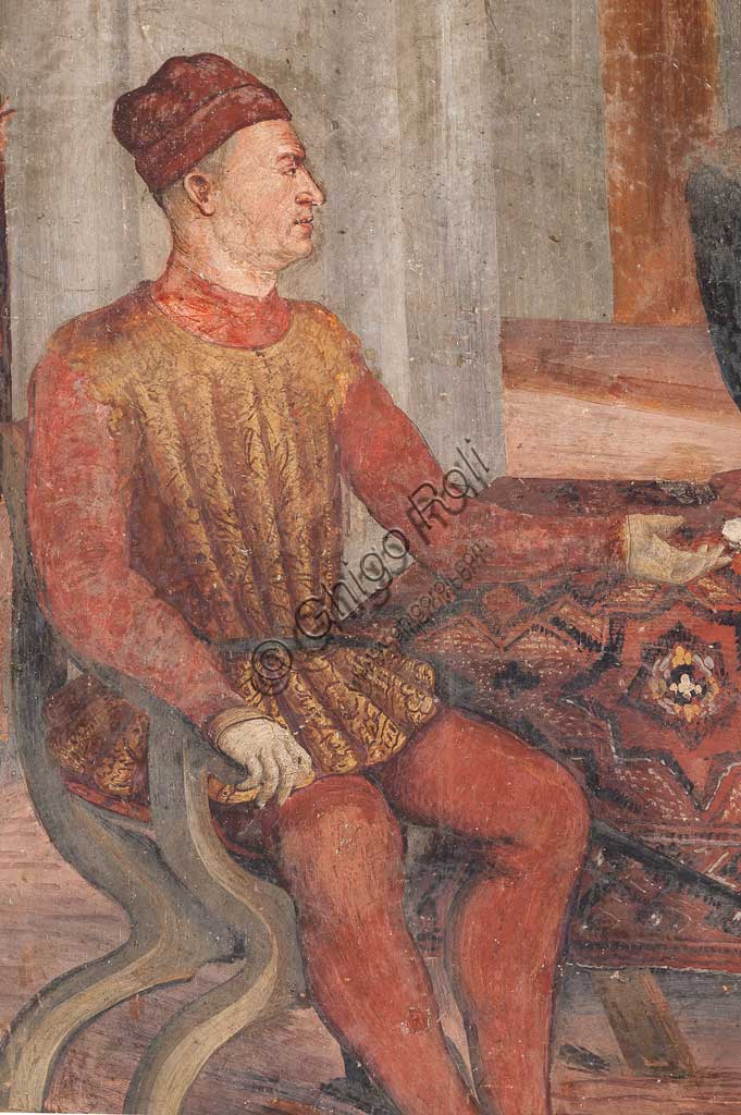 Cavernago, Malpaga Castle or Colleoni Castle, Hall of Honour: cycle of frescoes depicting the visit of Christian I of Denmark to Bartolomeo Colleoni, by Marcello Fogolino, (some historians attribute these frescoes to Romanino), 1474. Detail with Bartolomeo Colleoni sitting.