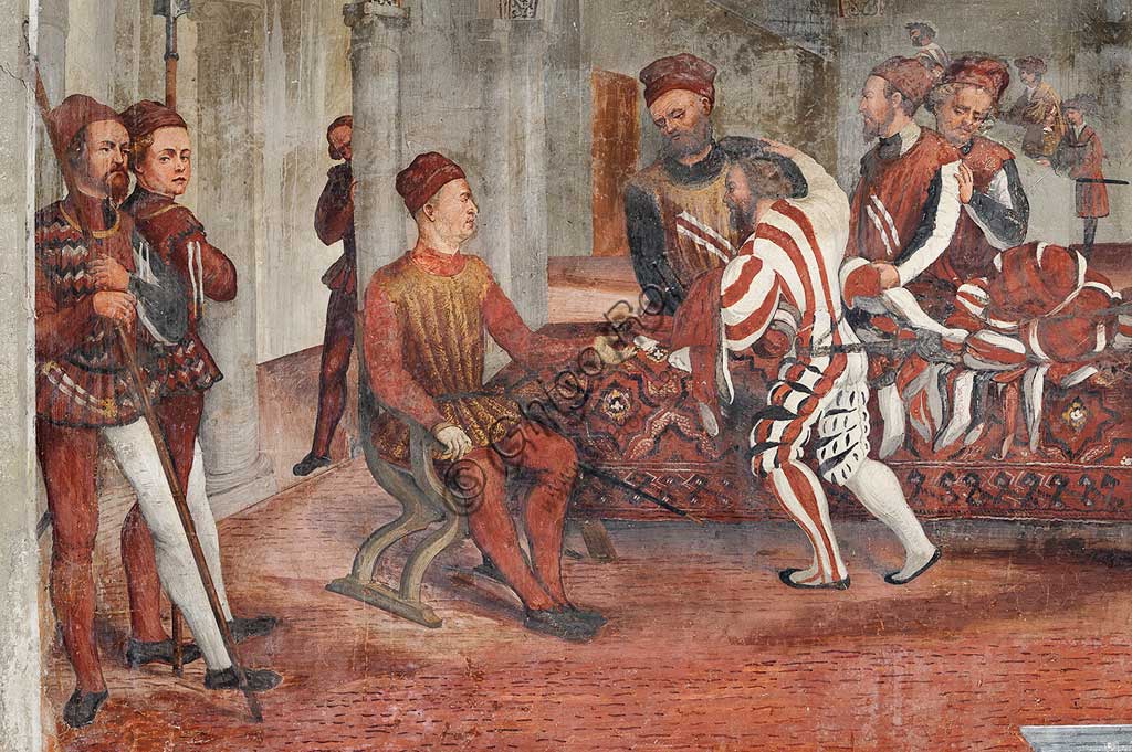 Cavernago, Malpaga Castle or Colleoni Castle, Hall of Honour: cycle of frescoes depicting the visit of Christian I of Denmark to Bartolomeo Colleoni, by Marcello Fogolino, (some historians attribute these frescoes to Romanino), 1474. Detail with Bartolomeo Colleoni sitting.