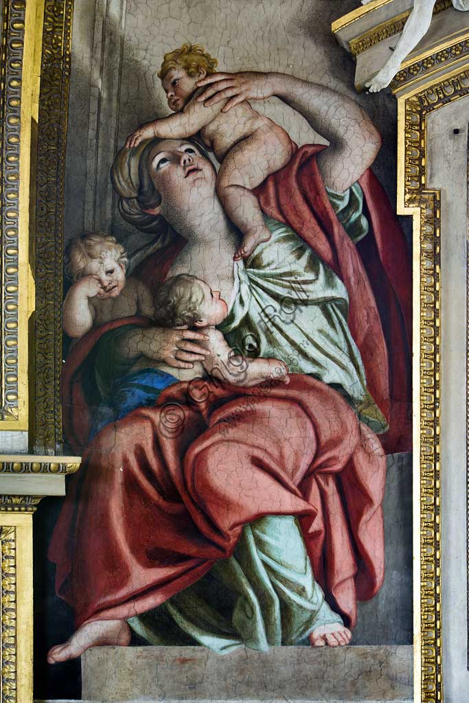 Basilica di S. Andrea della Valle, catino dell'abside: la Carità (una delle sei figure femminili allegoriche di Virtù affrescate tra i finestroni). Affresco del Domenichino (Domenico Zampieri), 1622 - 28.