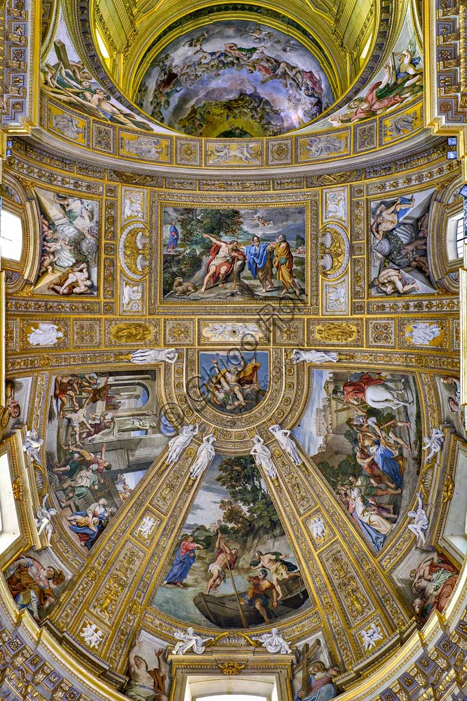 Basilica of St Andrew della Valle: view of the vault of the choir and the apse bowl-shaped vault. Frescoes representing episodes of St. Andrew's life by Domenichino (Domenico Zampieri, 1622 - 1628.