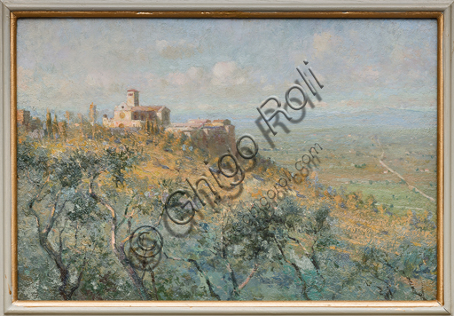 Collezione Assicoop - Unipol: Giuseppe Mentessi (Ferrara, 1857 - 1931), "Basilica di S. Francesco ad Assisi", olio su tavola.