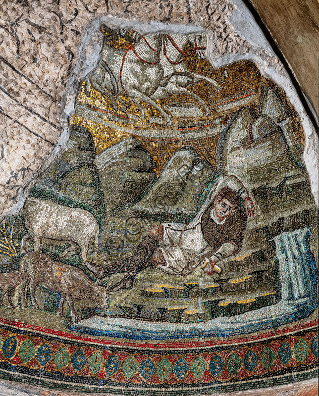 Basilica di S. Lorenzo Maggiore o alle Colonne,  Cappella di S.Aquilino: “Ratto di Elia”, mosaico romano del IV-V sec.