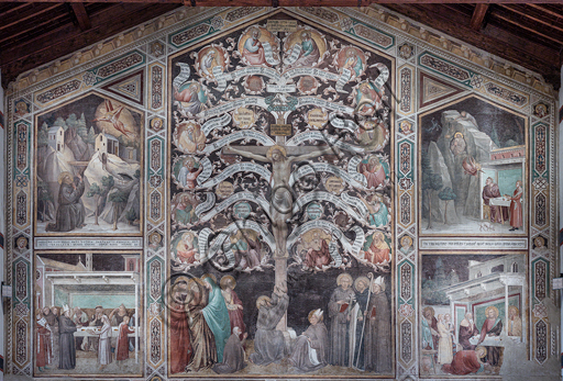 Basilica di Santa Croce: “L’Albero della Vita, 1350 circa, di Taddeo Gaddi,  affresco staccato. Soggetti: L'Ultima Cena sovrastata dalla Crocifissione, le Stimmate di S. Francesco e storie sacre legate al cibo che ricordano l'uso dell'ambiente come mensa dei frati. La Croce è un albero i cui dodici rami riportano medaglioni con profeti.