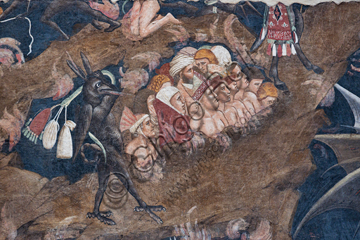 Basilica of the Holy Cross: "Punishment of the Miser and the Wrathful and Satan devouring Judas, Brutus and Cassius",  fragment from the cycle of detached frescoes "The Triumph of Death, Last Judgement and Hell", by Andrea Orcagna, about 1350,