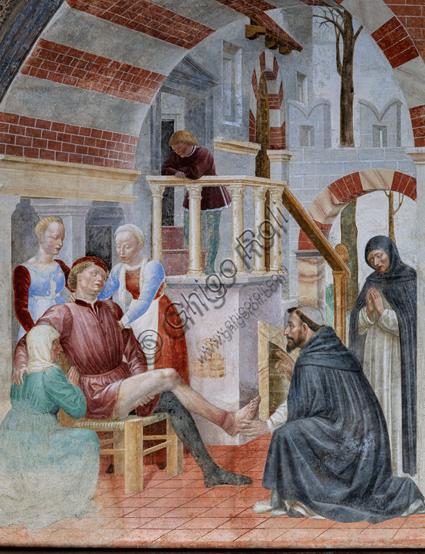 Basilica di S.Eustorgio, Cappella Portinari:  “S.Pietro martire opera il miracolo di Narni”, di Vincenzo Foppa, affresco del lunettone  sinistro,1466-68. 