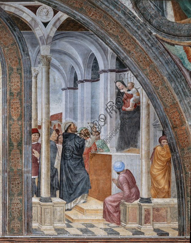 Basilica di S.Eustorgio, Cappella Portinari:  “S.Pietro martire debella con l’ostia il demonio”, di Vincenzo Foppa, affresco del lunettone  destro,1466-68. 