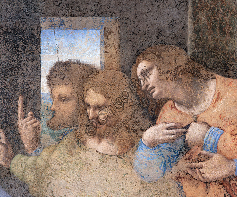 Basilica di S.Maria delle Grazie, Cenacolo Vinciano : “L’Ultima Cena”, Leonardo da Vinci, affresco,1495-1497. Particolare della parte destra con la figura di Tommaso, Giacomo Maggiore e Filippo.