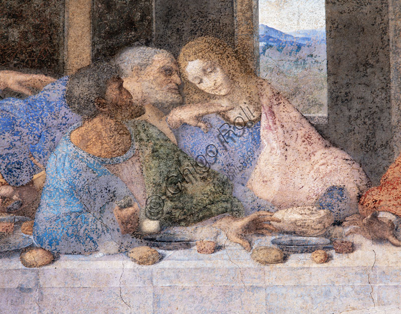 Basilica di S.Maria delle Grazie, Cenacolo Vinciano : “L’Ultima Cena”, Leonardo da Vinci, affresco,1495-1497. Particolare della parte sinistra con Giuda, Pietro e Giovanni.