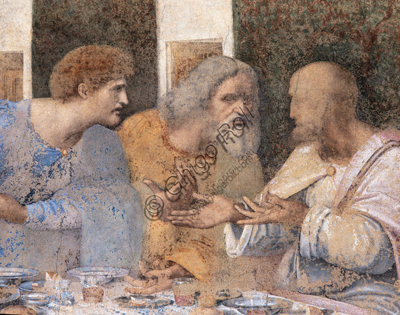 Basilica di S.Maria delle Grazie, Cenacolo Vinciano : “L’Ultima Cena”, Leonardo da Vinci, affresco,1495-1497. Particolare della parte destra con la figura di Matteo,  Giuda Taddeo e Simone.