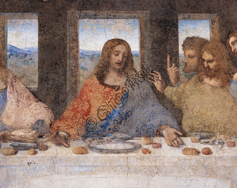 Basilica di S.Maria delle Grazie, Cenacolo Vinciano : “L’Ultima Cena”, Leonardo da Vinci, affresco,1495-1497. Particolare.