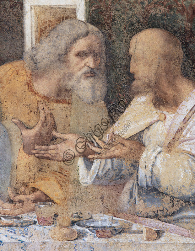 Basilica di S.Maria delle Grazie, Cenacolo Vinciano : “L’Ultima Cena”, Leonardo da Vinci, affresco,1495-1497. Particolare della parte destra con la figura di Giuda Taddeo e Simone.