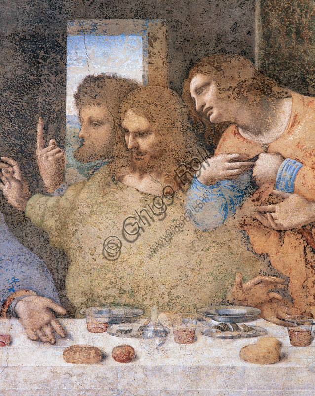 Basilica di S.Maria delle Grazie, Cenacolo Vinciano : “L’Ultima Cena”, Leonardo da Vinci, affresco,1495-1497. Particolare della parte destra con la figura di Tommaso, Giacomo Maggiore e Filippo.