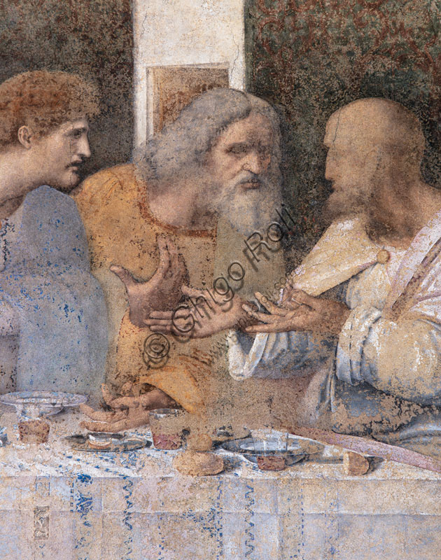 Basilica di S.Maria delle Grazie, Cenacolo Vinciano : “L’Ultima Cena”, Leonardo da Vinci, affresco,1495-1497. Particolare della parte destra con la figura di Matteo,  Giuda Taddeo e Simone.