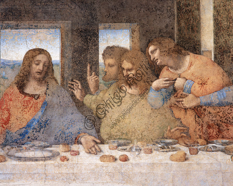 Basilica di S.Maria delle Grazie, Cenacolo Vinciano : “L’Ultima Cena”, Leonardo da Vinci, affresco,1495-1497. Particolare della parte destra con la figura di Gesù, Tommaso, Giacomo Maggiore e Filippo.