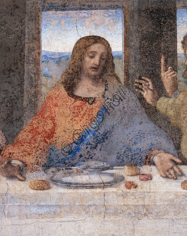  Basilica of Santa Maria delle Grazie, Cenacolo Vinciano: "The Last Supper", Leonardo da Vinci, fresco, 1495-1497. Detail of Christ.