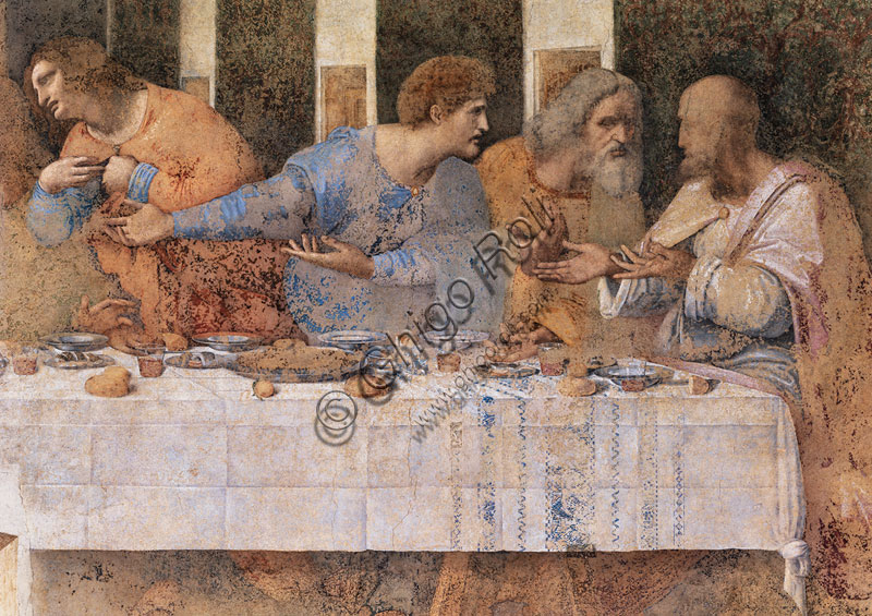 Basilica di S.Maria delle Grazie, Cenacolo Vinciano : “L’Ultima Cena”, Leonardo da Vinci, affresco,1495-1497. Particolare della parte destra.