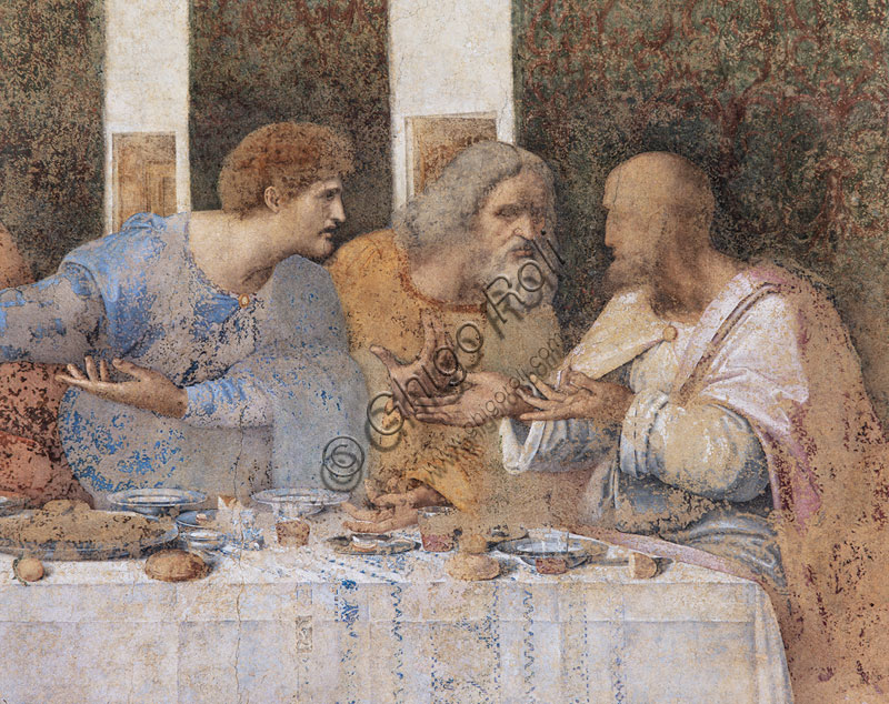 Basilica di S.Maria delle Grazie, Cenacolo Vinciano : “L’Ultima Cena”, Leonardo da Vinci, affresco,1495-1497. Particolare della parte destra con la figura di Matteo,  Giuda Taddeo e Simone.