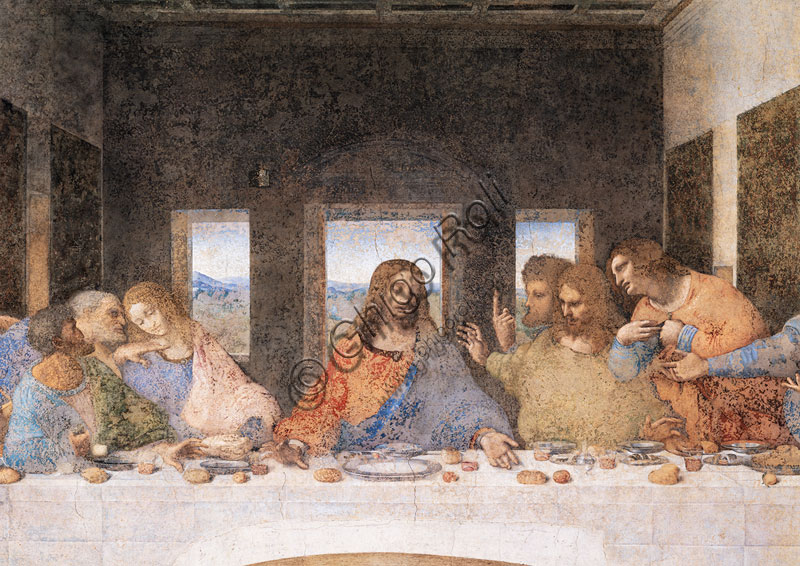 Basilica di S.Maria delle Grazie, Cenacolo Vinciano : “L’Ultima Cena”, Leonardo da Vinci, affresco,1495-1497. Particolare.