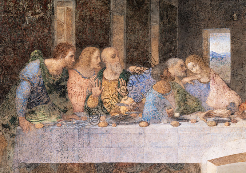 Basilica di S.Maria delle Grazie, Cenacolo Vinciano : “L’Ultima Cena”, Leonardo da Vinci, affresco,1495-1497. Particolare della parte sinistra.