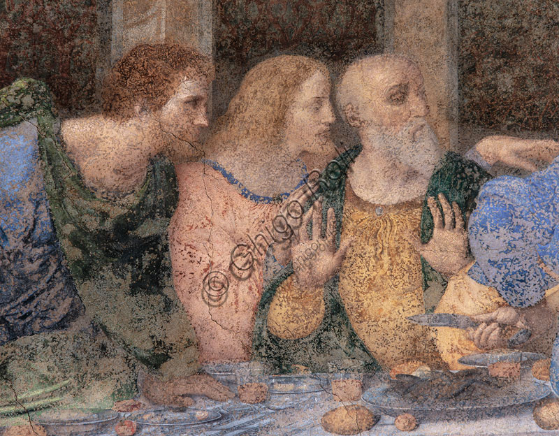 Basilica di S.Maria delle Grazie, Cenacolo Vinciano : “L’Ultima Cena”, Leonardo da Vinci, affresco,1495-1497. Particolare della parte sinistra con Bartolomeo, Andrea e Giacomo.