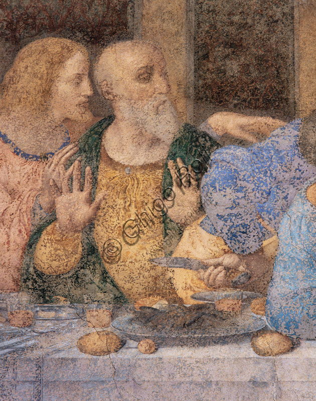 Basilica di S.Maria delle Grazie, Cenacolo Vinciano : “L’Ultima Cena”, Leonardo da Vinci, affresco,1495-1497. Particolare della parte sinistra con Andrea e Giacomo.