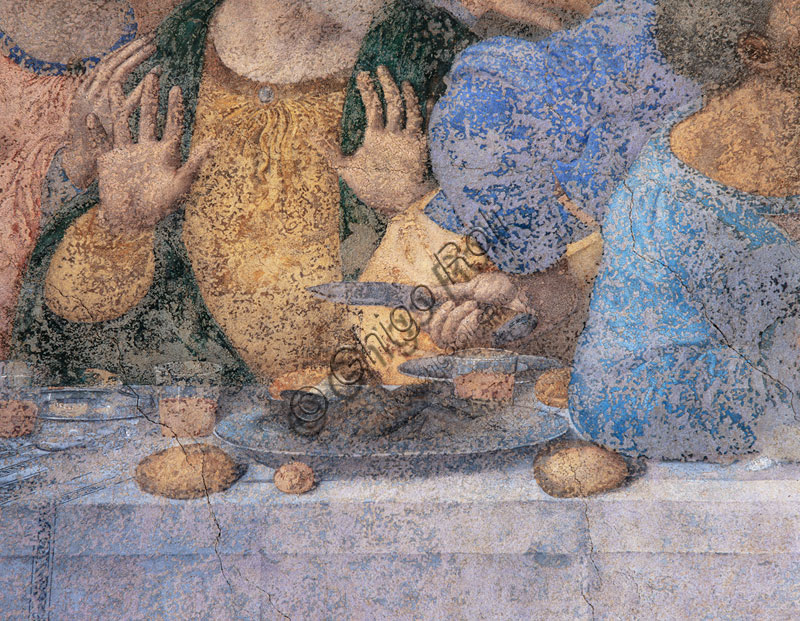 Basilica di S.Maria delle Grazie, Cenacolo Vinciano : “L’Ultima Cena”, Leonardo da Vinci, affresco,1495-1497. Particolare della parte sinistra con il coltello nella mano di Giuda.