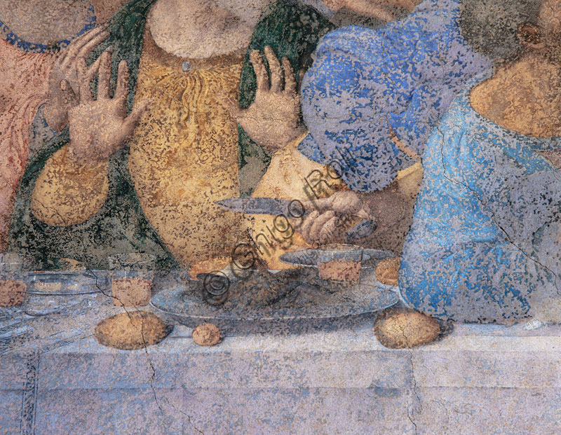  Basilica of Santa Maria delle Grazie, Cenacolo Vinciano: "The Last Supper", Leonardo da Vinci, fresco, 1495-1497. Detail of the left side withthe knife in Judas’ hand.