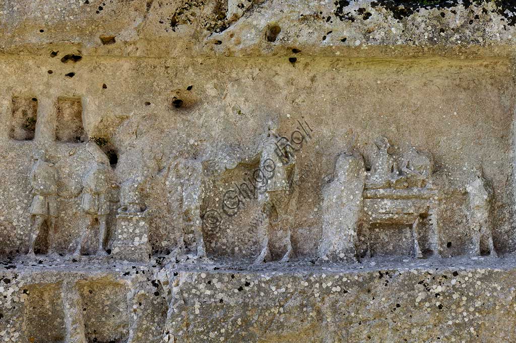 Palazzolo Acreide, The archaeological site of  Akrai: detail of a bas relief in the latomie (prisons in quarries).