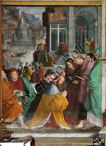 Vercelli, Chiesa di San Cristoforo, Cappella della Maddalena:  "il Battesimo dei principi di Marsiglia a Roma". Affresco di Gaudenzio Ferrari,  1529 - 1534.