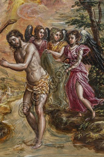 Modena, Galleria Estense: altarolo portatile di Domenico Theotokòpoulòs detto El Greco (1541-1614). Tempera grassa su tavola, cm 37 x 23,8. Particolare dell'anta destra con "Battesimo di Cristo", 