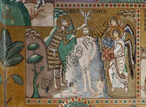 Palermo, Palazzo Reale o Palazzo dei Normanni,  Cappella Palatina (Basilica),navata centrale, ciclo di mosaici sulla vita di Gesù: "Il Battesimo di Cristo", XII secolo.