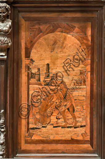 , Genoa, Duomo (St. Lawrence Cathedral), inside, apse, choir, North side: "The Baptism of Christ", wood intarsia by Giovanni Francesco Zambelli (XVI century).