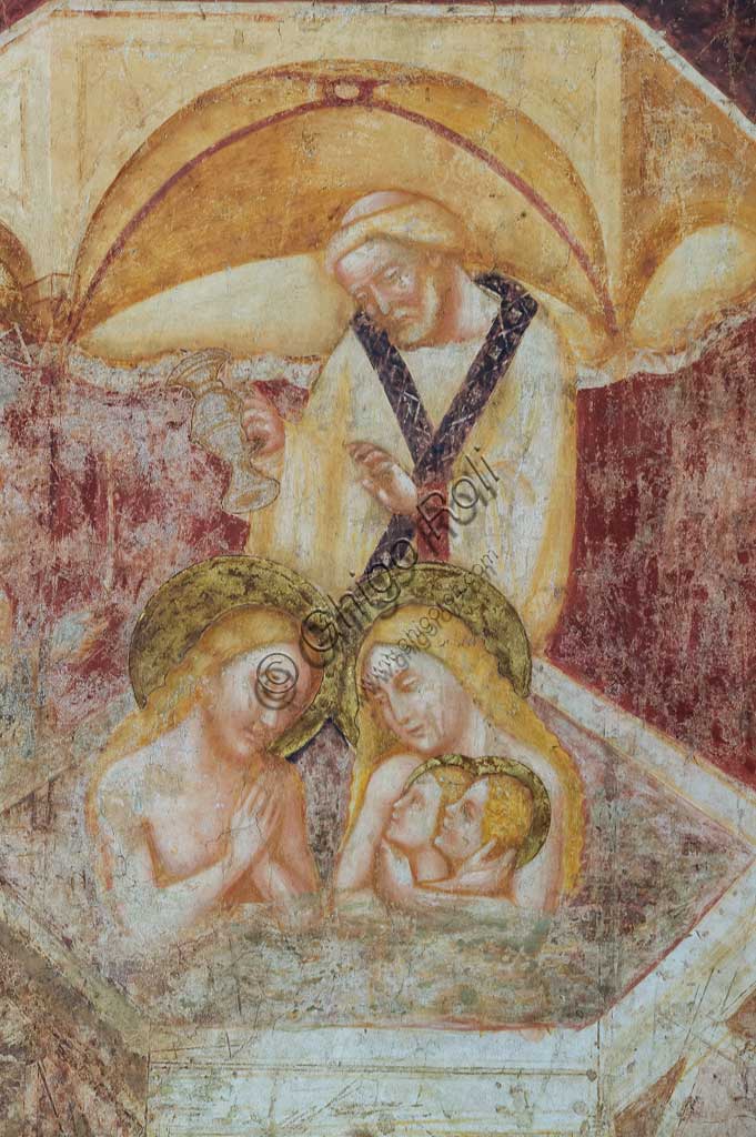 Codigoro, Pomposa Abbey, interior of the Basilica of Santa Maria, apse: frescoes by Vitale da Bologna. Detail of the lower register with the "Baptism of St. Eustace".