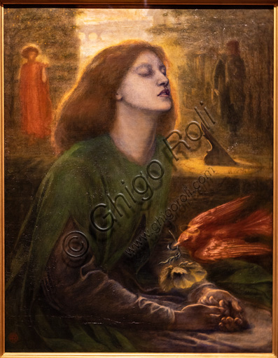 "Beata Beatrix", (1864 -70)  di Dante Gabriel Rossetti (1828-1882); dipinto a olio su tela. Bellissima la chioma rossa. La modella è Elizabeth Siddal.