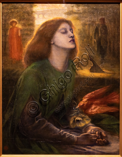  "Beata Beatrix", (1864 -70)  by Dante Gabriel Rossetti (1828-1882); oil painting on canvas.The red head of hair is beautiful. The model is Elizabeth Siddal.